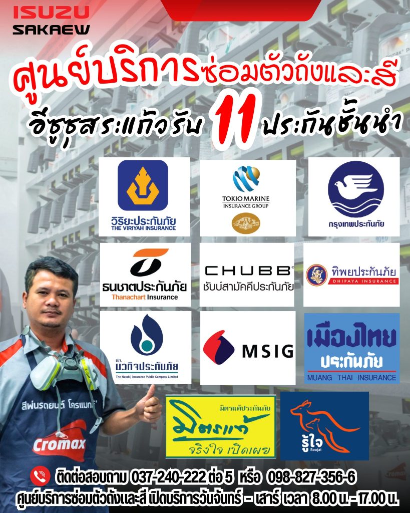 ศูนย์บริการซ่อมตัวถังและสี อีซูซุสระแก้ว เรามีบริการซ่อมตัวถัง และสี รถยนต์อีซูซุ ทั้งงานซ่อมเงินสด และ งานซ่อมประกันภัยชั้นนำ 11 บริษัทฯ ปรึกษางานประกันภัย - สอบถามรายละเอียด เพิ่มเติม ได้ที่ : ศูนย์บริการซ่อมตัวถังและสี อีซูซุุสระแก้ว ☎ : 037-240-222 ต่อ 5 📱 : 098-827-3566